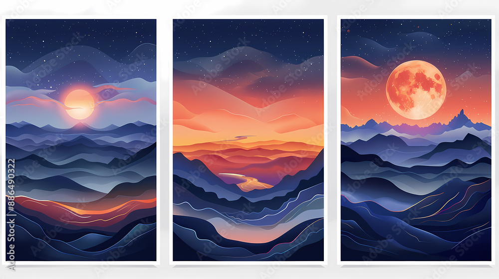 Naklejka premium Abstract coloful landscape poster collection. Set of contemporary art print templates. Nature backgrounds for your social media. Sun and moon, sea, mountains, ocean, river bundle