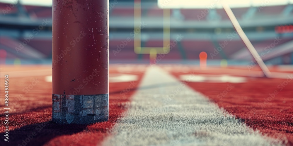 A close-up shot of a baseball field featuring a prominent red pole A close-up shot of a baseball field featuring a prominent red pole