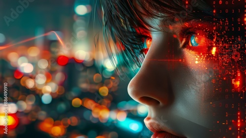 Fusion of Humanity and Technology: Girl's Face with Digital Data Streams - Cyberpunk Theme © Anastasija