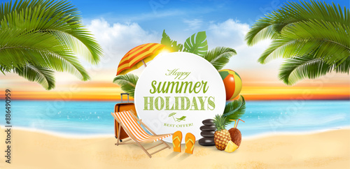 Summer vacation panorama. Tropical beach with a palm tree and Travel items on the beach. Vector.