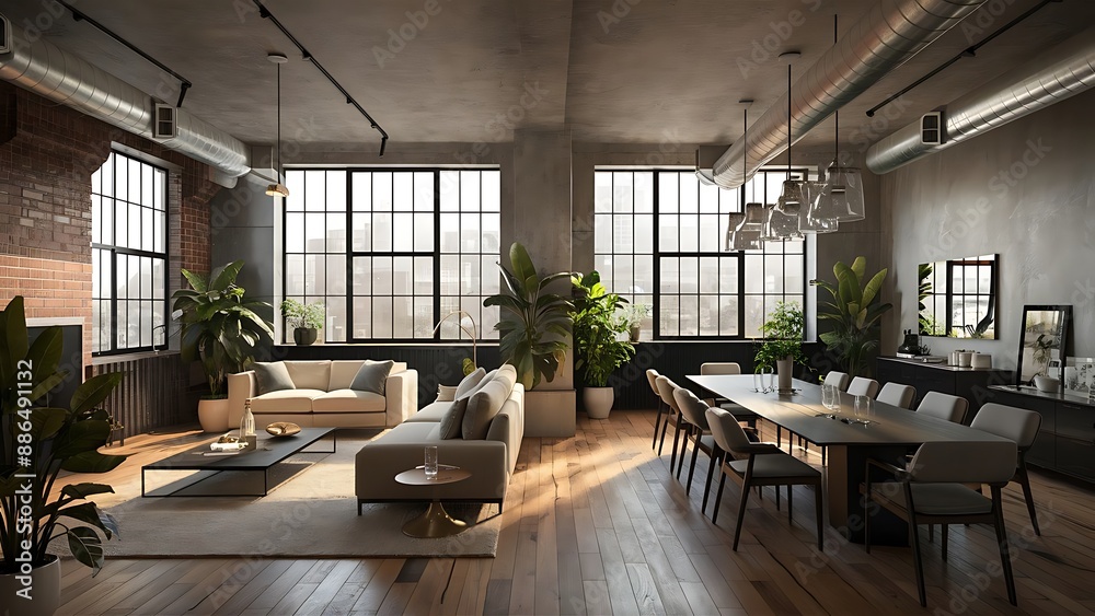 Home indoors. Open space with living room and dining room in bright industrial loft with green plants. Home indoors. Open space with living room and dining room in bright industrial loft with green plants.