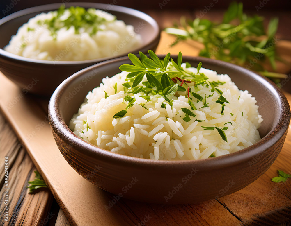 Two bowls of fluffy white rice garnished with fresh herbs Two bowls of fluffy white rice garnished with fresh herbs