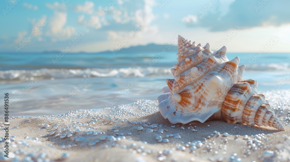 Beautiful shell on the beach, white sand. An advertising background with a place for text. Beautiful shell on the beach, white sand. An advertising background with a place for text.
