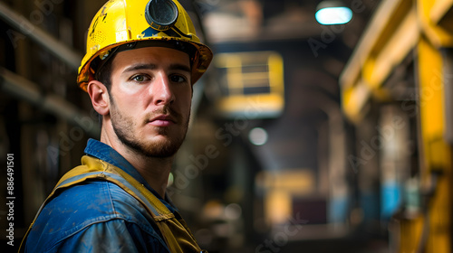 Portrait of a working man in a uniform and a hard hat. AI Generated