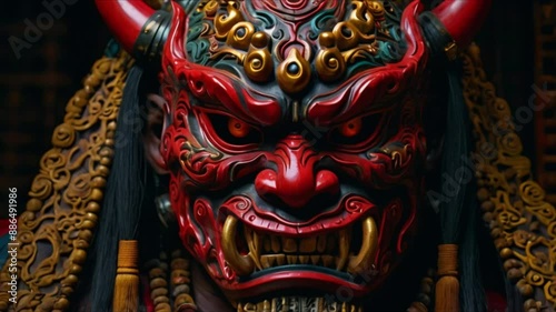 A scary oni mask with a nasty grin looks powerful and evil. The mask is carved and painted in deep, rich hues. This painting shows the intricate details and craftsmanship of the mask