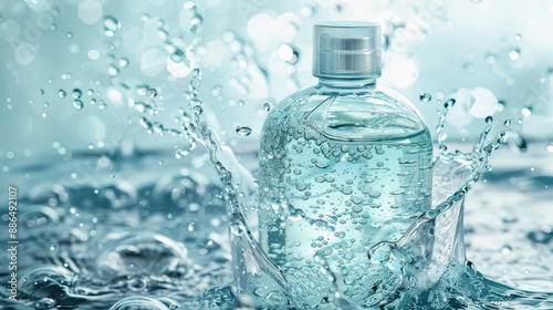 A dynamic image of a clear perfume bottle with water splashes around, conveying a sense of vitality and freshness