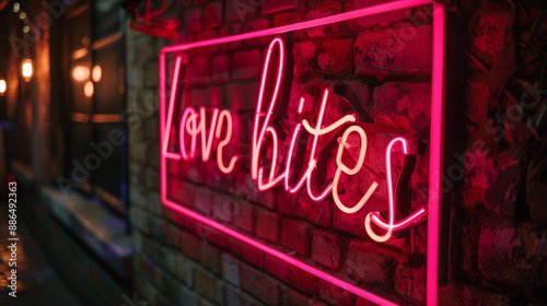 Bold pink neon text words love bites sign glowing romantic decor bold message event venue valentines party wedding engagement advert heart glow lights breakup divorce brick wall background ad concept 