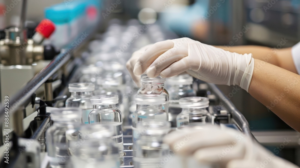 A close-up of hands wearing gloves handling sterile medical bottles on a packaging line, emphasizing the care and precision involved in the process A close-up of hands wearing gloves handling sterile medical bottles on a packaging line, emphasizing the care and precision involved in the process