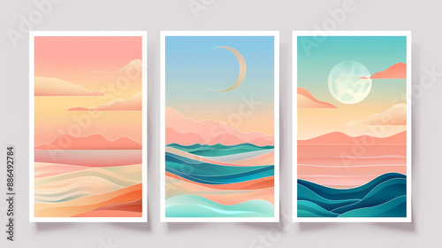 Abstract coloful landscape poster collection. Set of contemporary art print templates. Nature backgrounds for your social media. Sun and moon, sea, mountains, ocean, river bundle