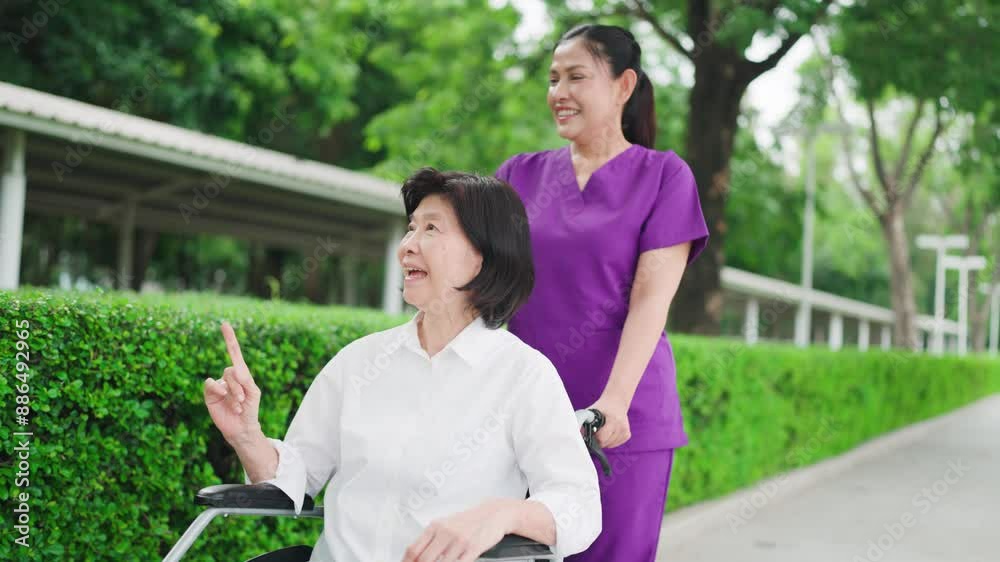 Happy nurse, wheelchair and elderly care in garden for outdoor walk in retirement. Female caregiver smile and talking to senior person with a disability in healthcare, support or help Happy nurse, wheelchair and elderly care in garden for outdoor walk in retirement. Female caregiver smile and talking to senior person with a disability in healthcare, support or help
