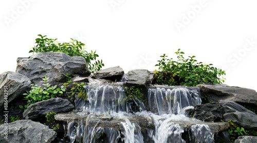 A close-up shot of a modern water feature with a waterfall flowing over mountain rocks, surrounded by greenery, with a wide banner space for copy above and below full body on white background