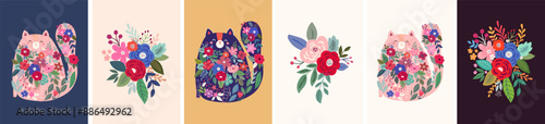 Floral posters .Beautiful flower collection of posters with roses, cats, leaves, floral bouquets, flower compositions. Notebook covers