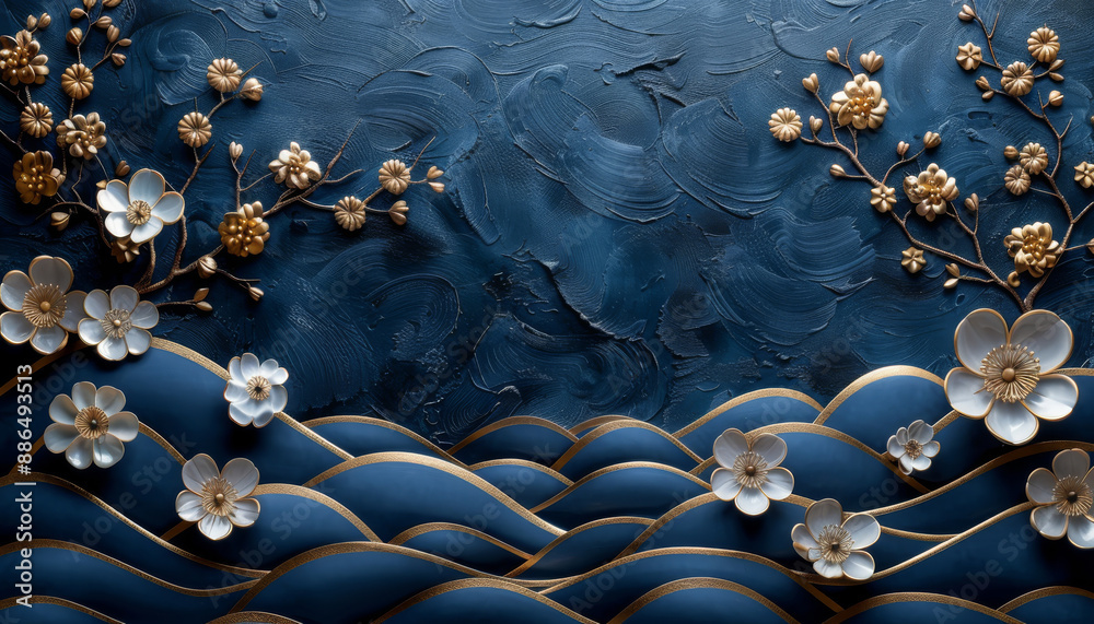 Navy Blue and Gold Floral Abstract Art, Luxurious Background with Copy Space Navy Blue and Gold Floral Abstract Art, Luxurious Background with Copy Space