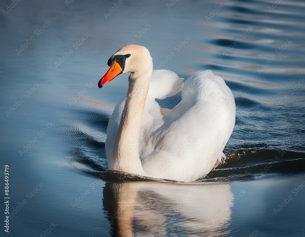 Fototapeta premium White swan on lake. Close up. Beautiful bird white orange beak on wide water