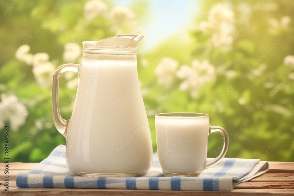 Milk in glass and jug on beautiful garden under sunlight background Milk in glass and jug on beautiful garden under sunlight background