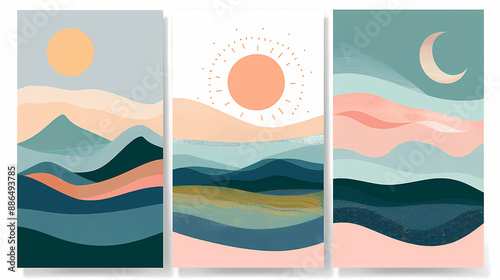 Abstract coloful landscape poster collection. Set of contemporary art print templates. Nature backgrounds for your social media. Sun and moon, sea, mountains, ocean, river bundle