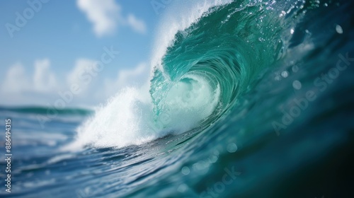 A captivating image of a powerful ocean wave curling towards the shore, capturing the raw energy and beauty of the sea in a serene blue sky setting.