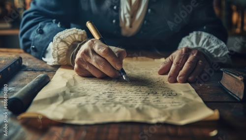Close-up of a person writing with a quill on parchment paper, capturing a vintage feel. A glimpse into historical document creation.