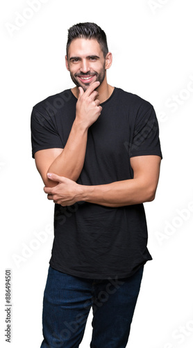 Young handsome man over isolated background looking confident at the camera with smile with crossed arms and hand raised on chin. Thinking positive.