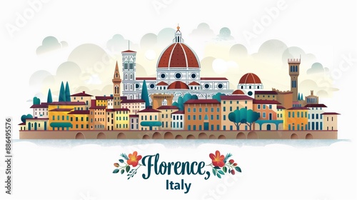 Flat Vector Illustration of Florence, Italy Skyline With Cloudy Atmosphere