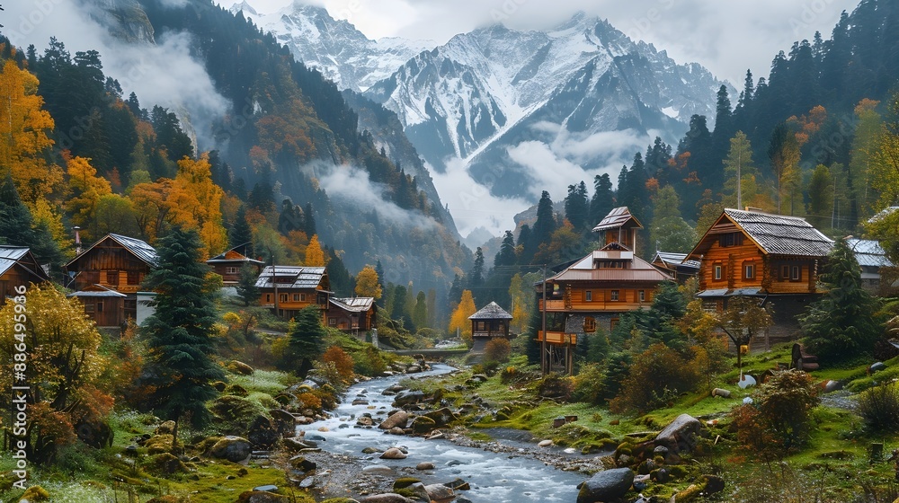 Fototapeta premium Picturesque Mountain Village Nestled in a Serene Autumn Valley with Traditional Wooden Houses and a Flowing River
