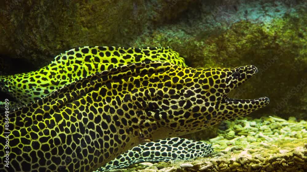 exotic fish Muraena helena swim in the water against the background of corals exotic fish Muraena helena swim in the water against the background of corals