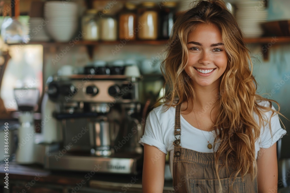 A cheerful young woman wearing casual attire and an apron, smiling warmly at the camera while standing in a cozy cafe, capturing the inviting atmosphere and her friendly nature. A cheerful young woman wearing casual attire and an apron, smiling warmly at the camera while standing in a cozy cafe, capturing the inviting atmosphere and her friendly nature.