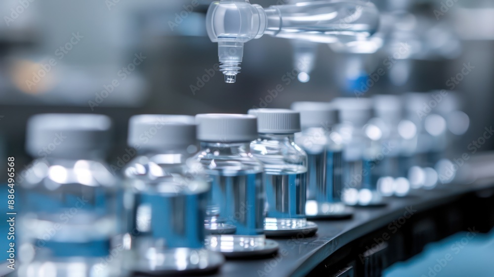 A detailed shot of sterile medical bottles being filled with liquid on an assembly line, with a cleanroom background emphasizing the hygienic conditions with minimalist style A detailed shot of sterile medical bottles being filled with liquid on an assembly line, with a cleanroom background emphasizing the hygienic conditions with minimalist style