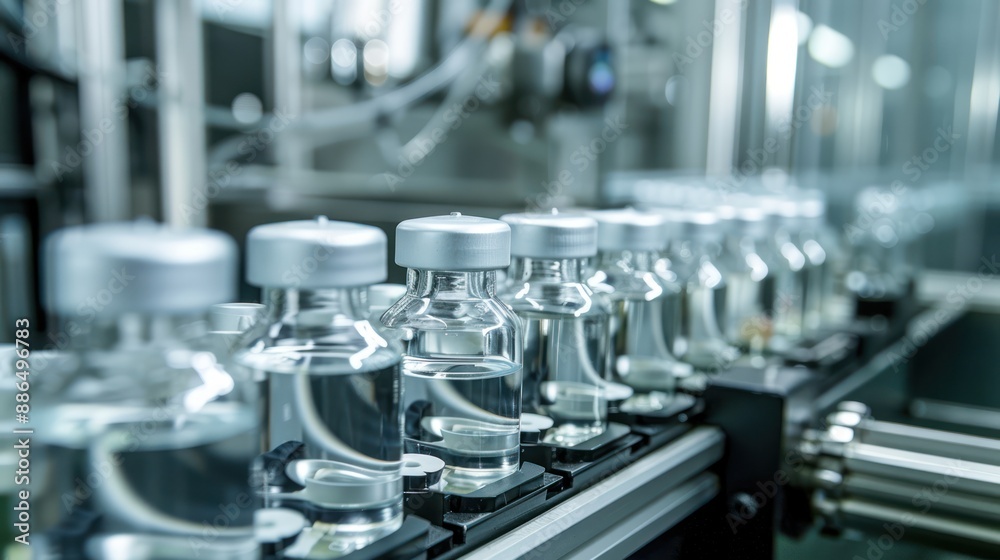 A detailed shot of the bottling process for sterile medical products, with a focus on the machinery and equipment used to ensure product integrity and hygiene with minimalist style A detailed shot of the bottling process for sterile medical products, with a focus on the machinery and equipment used to ensure product integrity and hygiene with minimalist style