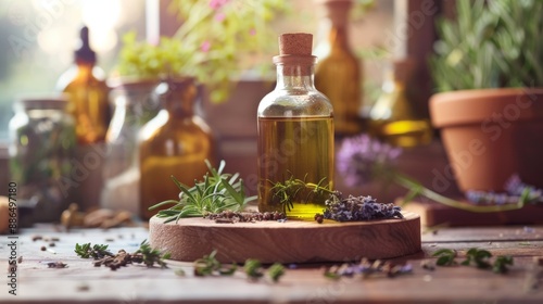 Bottles of herbal oil and fresh herbs on rustic table