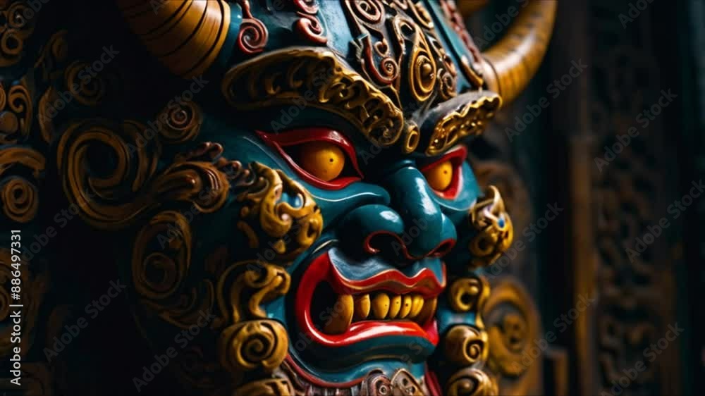 A scary oni mask with a nasty grin looks powerful and evil. The mask is carved and painted in deep, rich hues. This painting shows the intricate details and craftsmanship of the mask A scary oni mask with a nasty grin looks powerful and evil. The mask is carved and painted in deep, rich hues. This painting shows the intricate details and craftsmanship of the mask