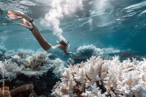 Free diving explores a coral reef that has been damaged by rising water temperatures; coral bleaching when water is too warm. photo