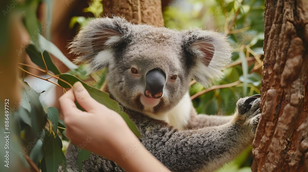 Petting a Koala: Hands gently petting a koala, focusing on the animal's relaxed posture in a eucalyptus tree.
