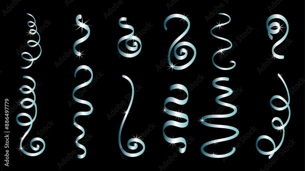 Hanging silver streamers and falling confetti .Shiny ribbons set for holiday design.Silver serpentine and confetti Winter season borders. Hanging silver streamers and falling confetti .Shiny ribbons set for holiday design.Silver serpentine and confetti Winter season borders.