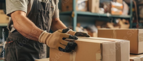 Worker wearing gloves handling boxes in a warehouse. Industrial worker at storage facility preparing for shipment and distribution.