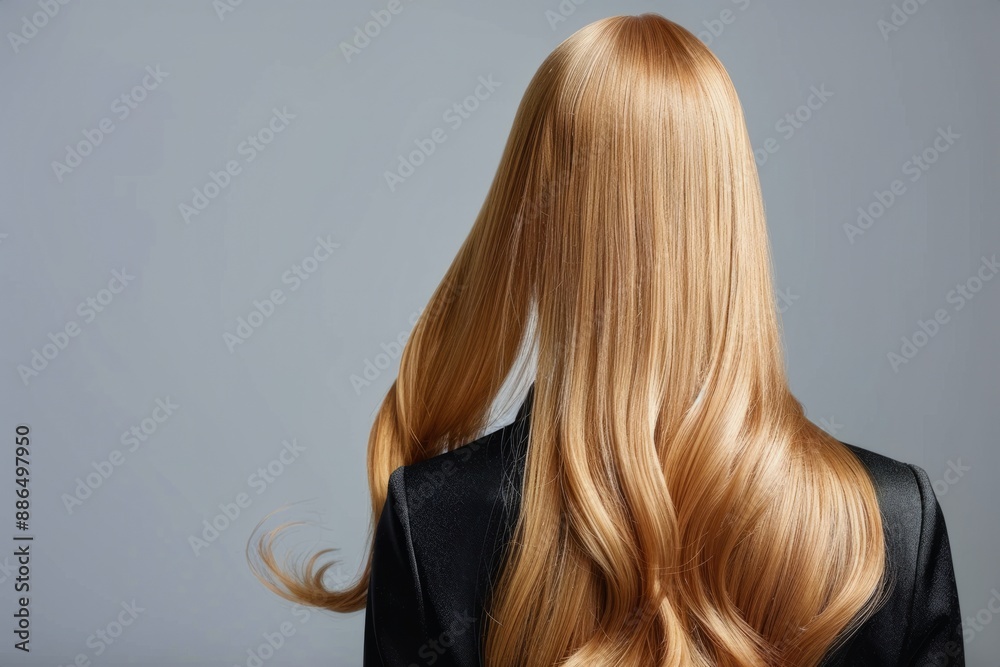 Naklejka premium Back view of woman with long light ginger shiny hair on grey background. Concept: beauty eco product design, haircare, hair coloring techniques, dyeing, woman's health