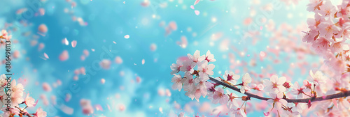 Beautiful pink cherry blossoms in full bloom web banner or background