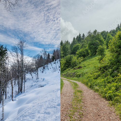 concetto di confronto tra stagioni. Inquadratura panoramica  con ritaglio in rapporto 1:1 che mostra con la stessa visuale lo stesso identico ambiente di montagna, di giorno, in inverno e in estate photo