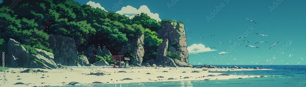Japanese style beach anime scene with rocky cliffs and lush greenery a ...