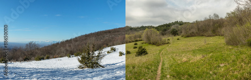 ampia vista panoramica con composizione di immagini multiple che mostra di giorno e a metà lo stesso ambiente naturale in due momenti diversi, da un lato in estate e dall'altro in inverno photo