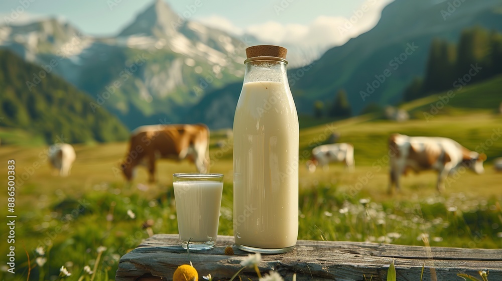 Milk on table on background of meadow with cows