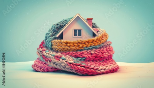 Small House Wrapped in Colorful Knit Scarf on Snowy Surface