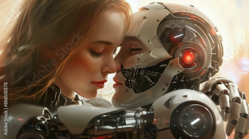 A humanistic Robot sharing an intimate moment of kiss and hug with his human spouse,Human AI marriage,love and romance concept