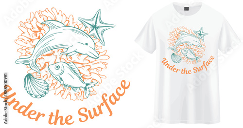 Dive into the wonders of the ocean with this "Under the Surface" t-shirt. Featuring a beautiful illustration of marine life, including dolphins, fish, and a starfish, this design is perfect for ocean.