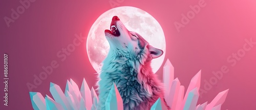 Wallpaper Mural Wolf howling at the moon in a surreal, pink and blue landscape. Torontodigital.ca