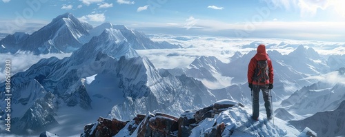 Adventurer traversing a high-altitude mountain ridge, showcasing breathtaking views and thrill photo