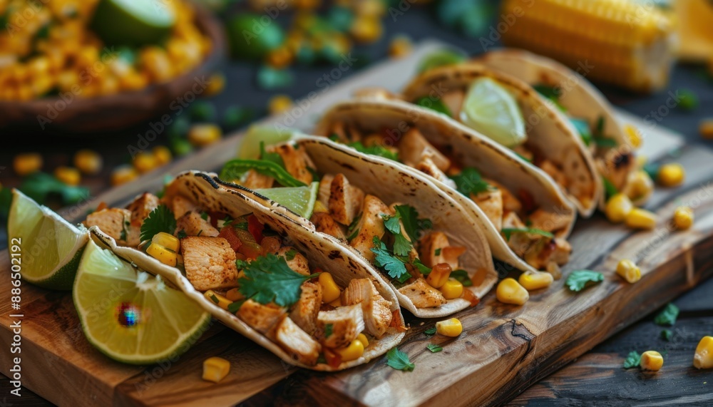Chicken and Corn Tacos on a Wooden Cutting Board With Limes Chicken and Corn Tacos on a Wooden Cutting Board With Limes