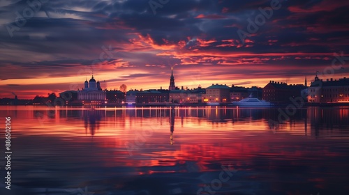 Helsinki Skyline at Sundown With Dramatic Red Sky © Анастасия Птицова