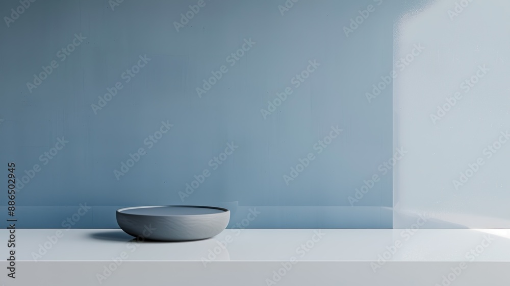 Simple round stand set against a minimalist blue glossy wall