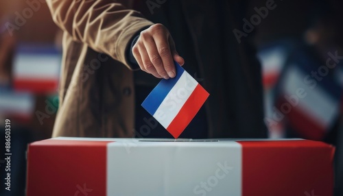 Person Casting Ballot With French Flag at Voting Booth